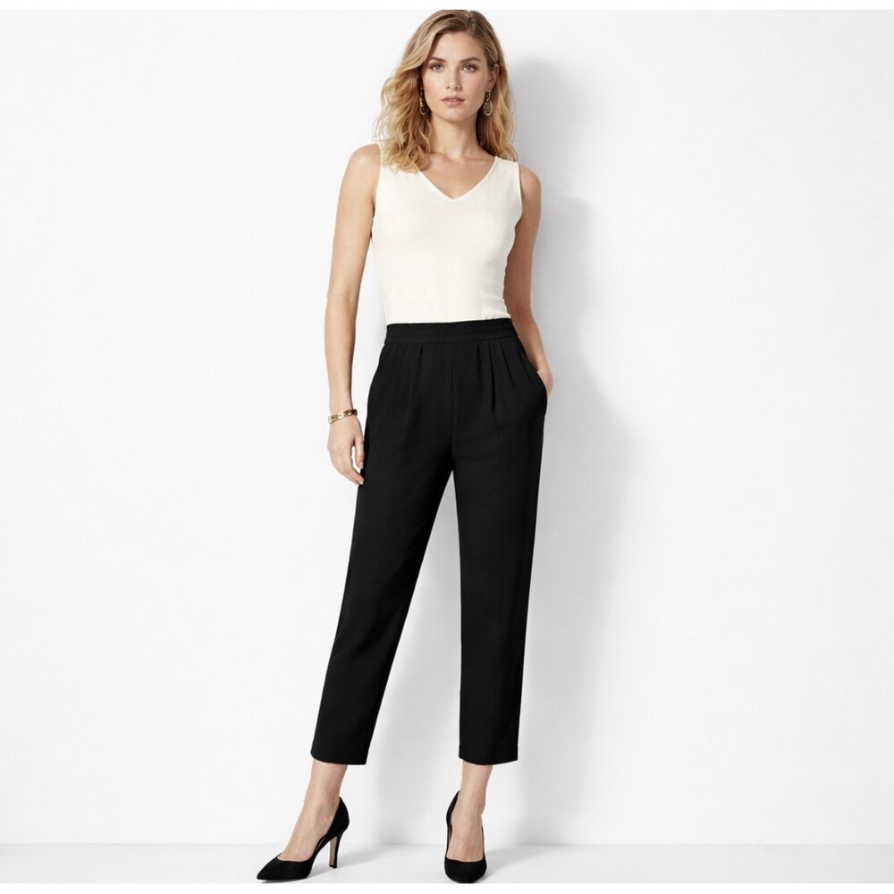 St John Santana Knit Pants Black Sz 12 Pull On Straight Leg Ankle Elastic Waist